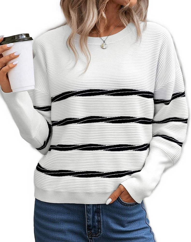 ECOWISH Women's Long Sleeve Crewneck Striped Sweater - Fall 2025 Trendy Casual Knitwear for Offic... | Amazon (US)
