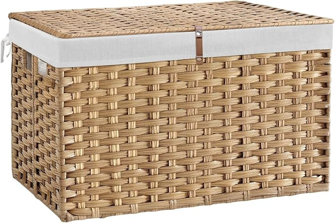 180L Wicker Storage Basket with Lid, Handwoven Rattan Large Shelf Basket with Removable Liner, 47... | Amazon (US)