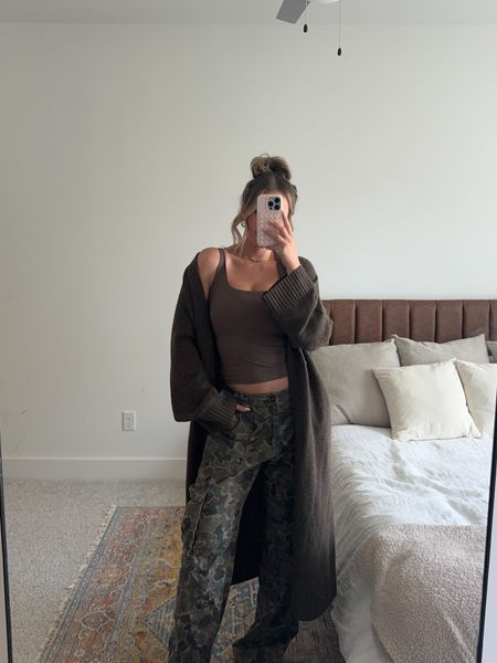 Todays comfy look! Camo pants and brown cardigan are old but I linked similar! Size small in the tank top! 

#LTKfindsunder100 #LTKSeasonal #LTKfindsunder50