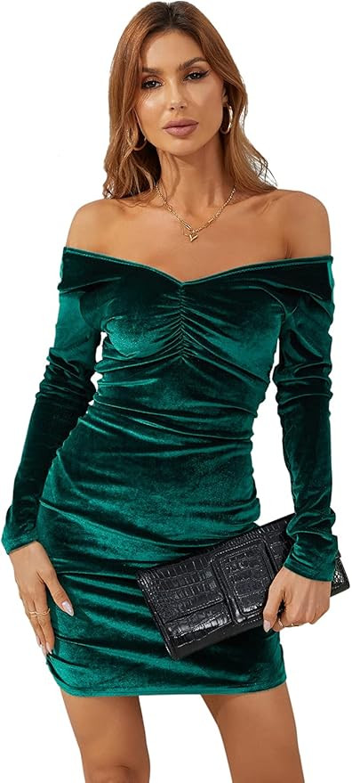 Atnlewhi Womens V Neck Off Shoulder Long Sleeve Stretchy Bodycon Ruched Cocktail Party Dresses | Amazon (US)