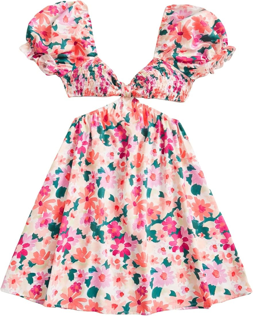 WDIRARA Women's Floral Short Sleeve Sweetheart Neck Cut Out Waist Ruffle Hem Dress | Amazon (US)
