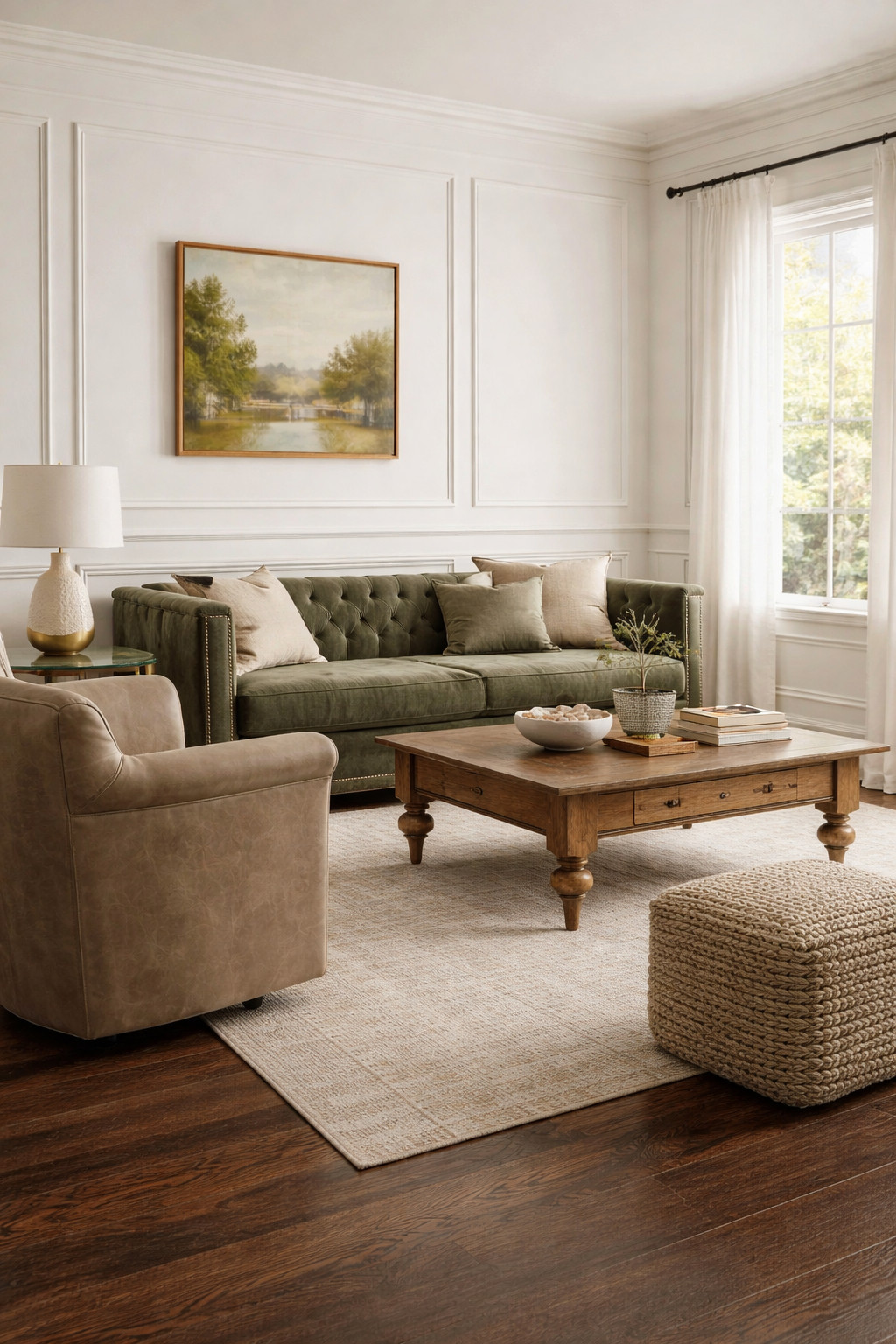 Create a timeless living room layered with character and warmth!  This example features a tufted green Chesterfield sofa as the statement anchor, paired with an accent chair for relaxed comfort. A rustic captain’s trunk coffee table grounds the space with details that compliment, but don't overwhelm. 

 #LTKSeasonal #LTKHome