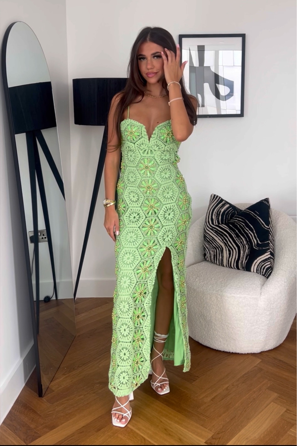 green emerald velvet dress Shop Elle Crochet Green/Pink Dress