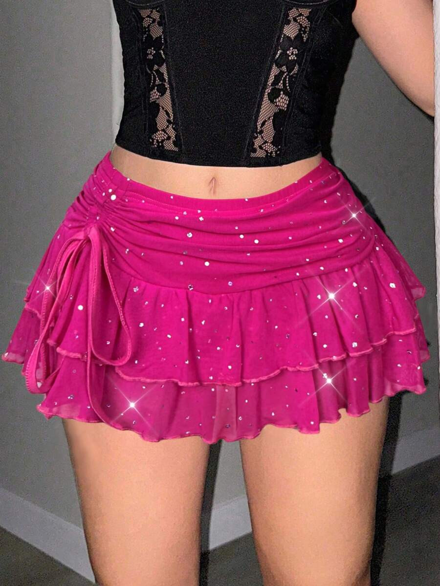 Sweetina Ultra Low Waist Ruched Tie Slit High Hem Rhinestone Mesh Mini Skirt | SHEIN
