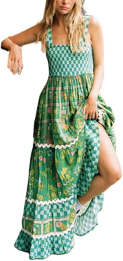 Women Vacation Floral Maxi Dress Boho Tiered Flowy Smocked Long Dresses Summer Backless Sundress | Amazon (US)