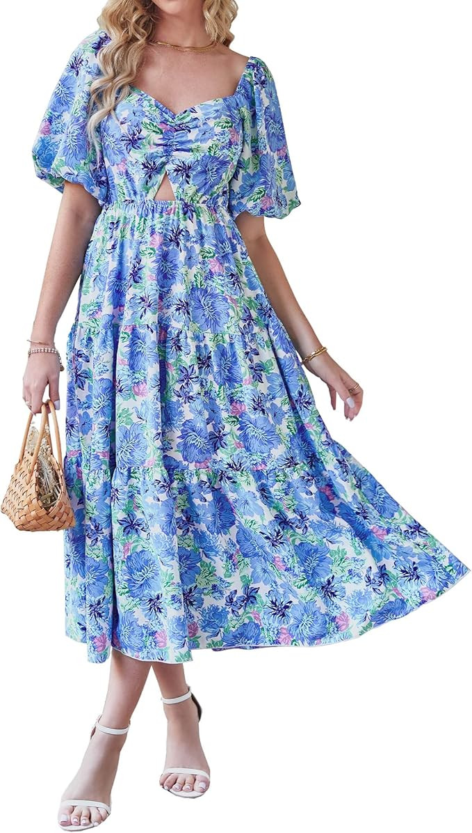 BTFBM Women Summer Dresses 2024 Casual Flowy Beach Square Neck Puff Short Sleeve Smocked Back Boh... | Amazon (US)