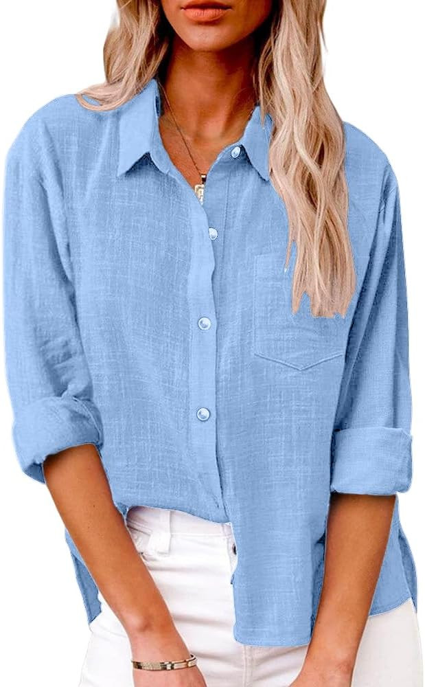 Womens Summer Linen Shirts Casual Button Down 2026 Long Sleeve Cotton Top Blouse Shirt with Pocke... | Amazon (US)