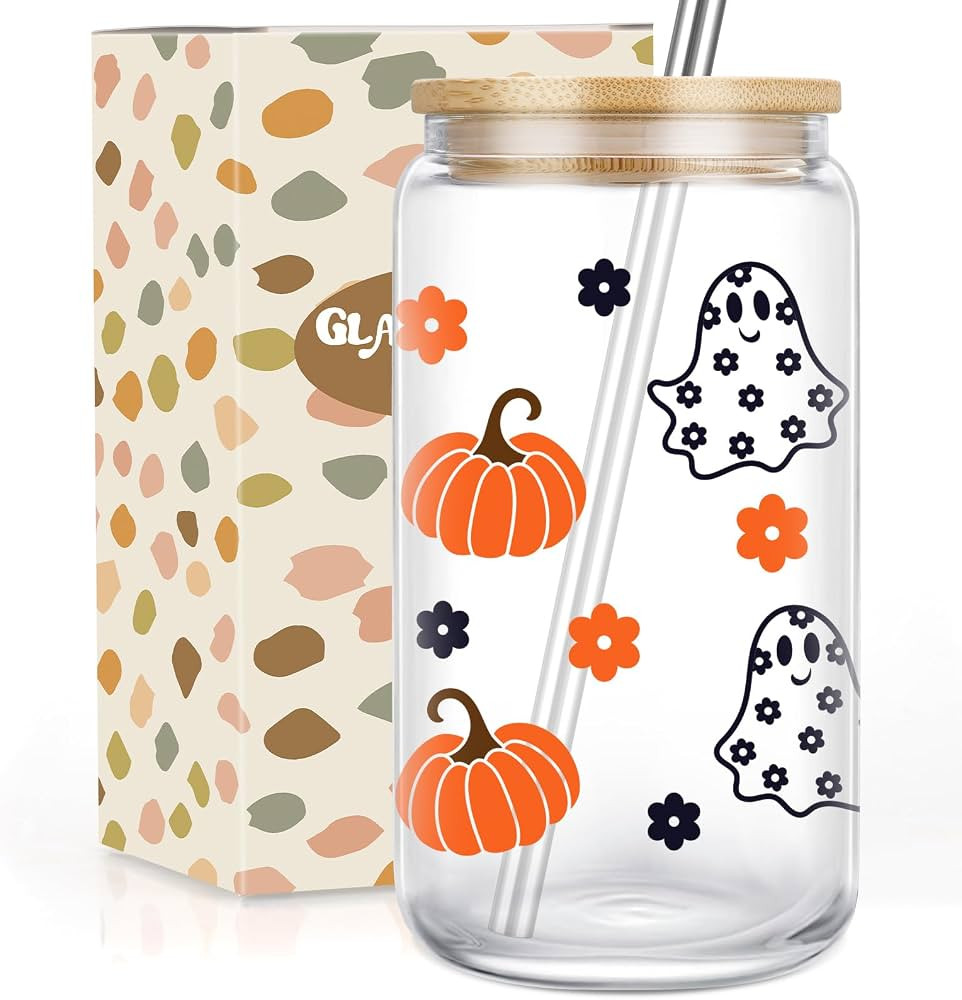 GSPY Pumpkin Ghost Cups, Cute Halloween Glass Cups with Lids & Straws - Iced Coffee Cup, 16oz Gla... | Amazon (US)
