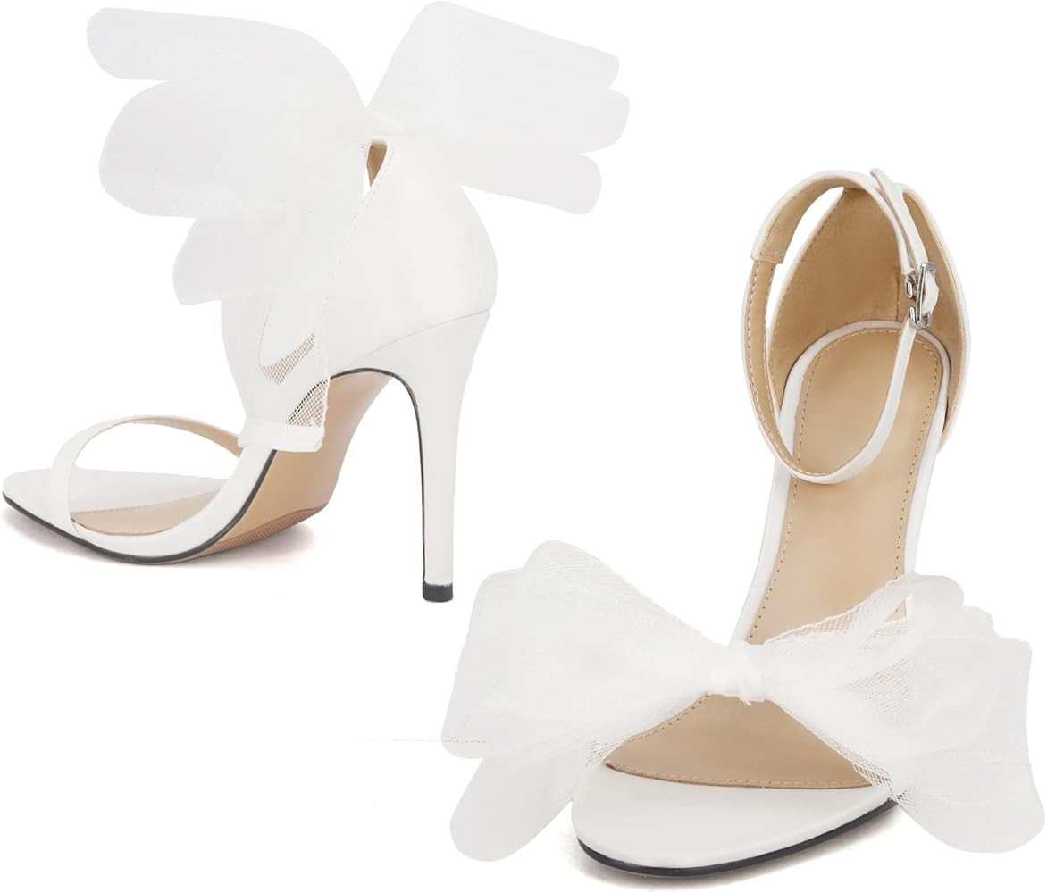 keleimusi Womens Wedding Pumps with Asymmetric Grosgrain Mesh Bows Ankle Strap Dress Peep Toe Sandal | Amazon (US)