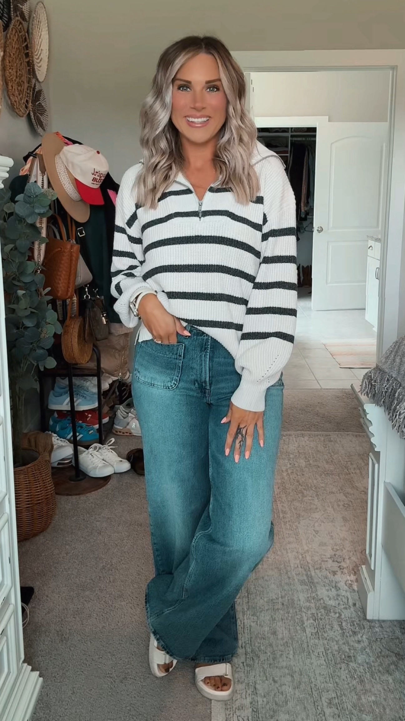 Obsessed with this easy, affordable look from Walmart and Old Navy! Striped half zip sweater (under $30) and wide leg jeans. These jeans were my best sellers last week so run!  The perfect fall casual mom outfit! The quality is sooo good too!

#LTKFindsUnder50 #LTKSeasonal #LTKMidsize