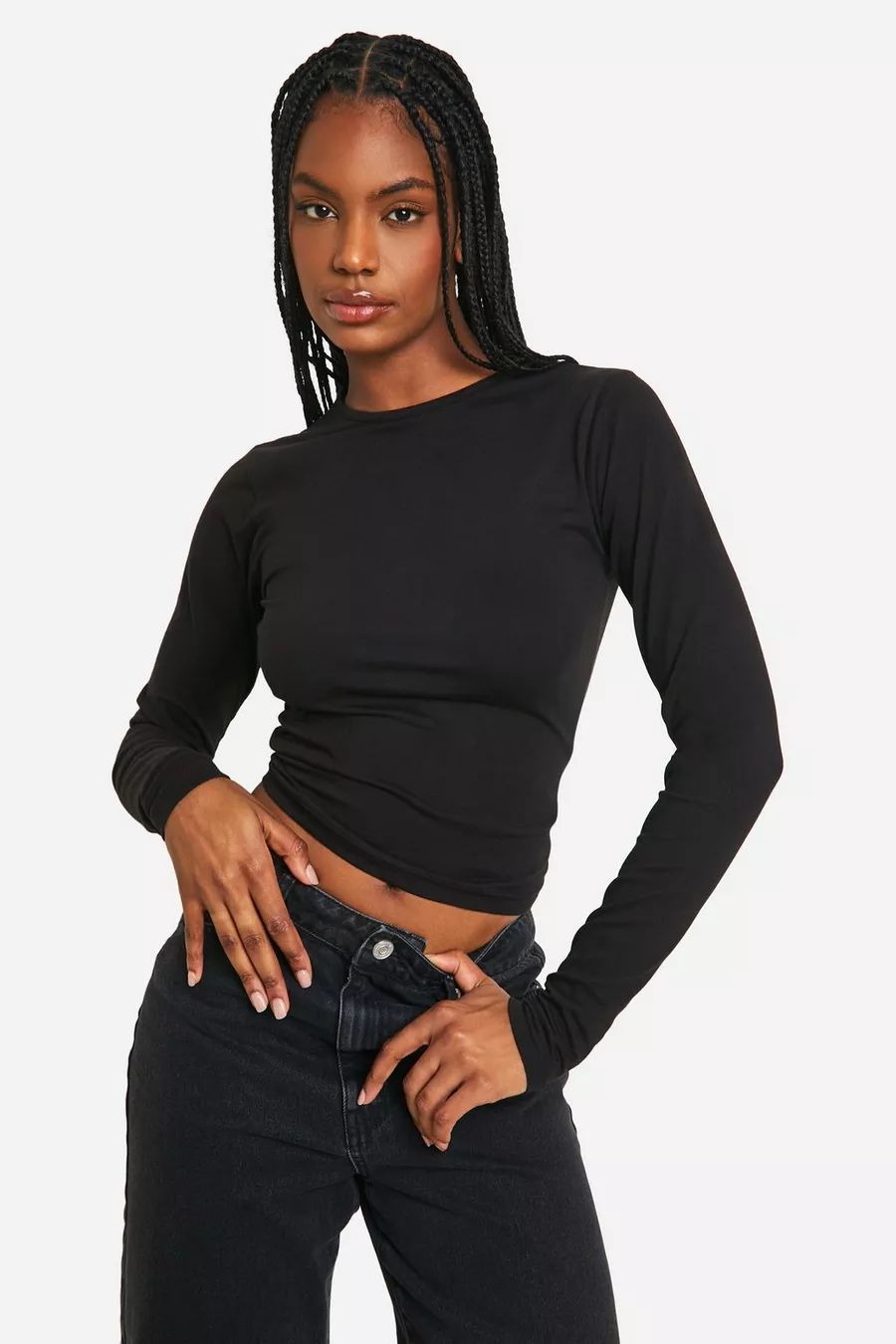 Black Tall Basic Cotton Long Sleeve Crew Neck Top | Boohoo.com (UK & IE)