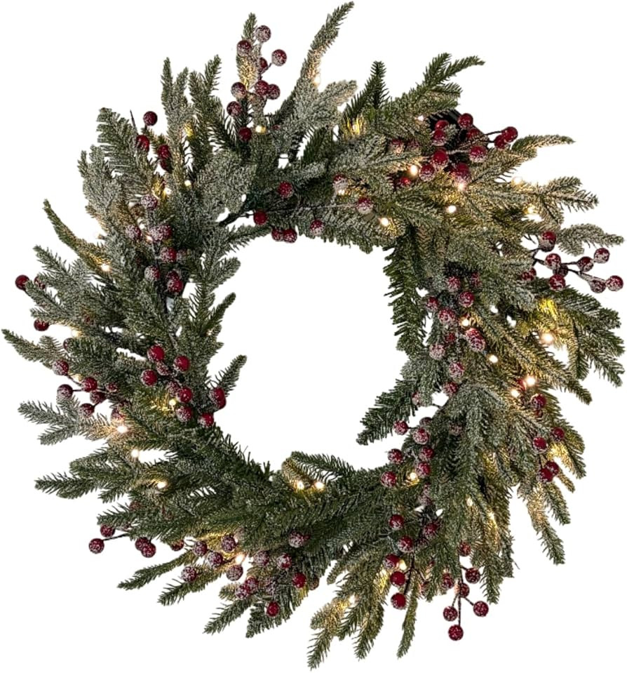24" Prelit Christmas Wreath with LED Lights, Snow-Flocked Pine, Red Berries & Pine Cones, Holiday... | Amazon (US)