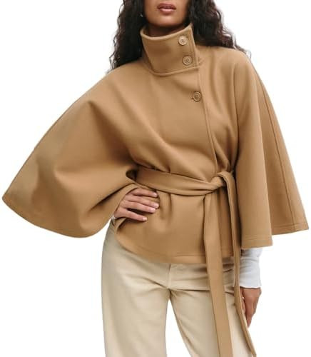 Ainangua Womens Batwing Sleeve Poncho Peacoat Oversized Stand Collar Belt Cape Coat Jacket Cloak ... | Amazon (US)