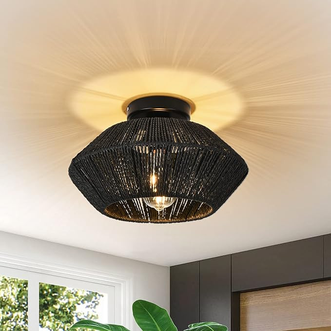 Black Rattan Flush Mount Ceiling Light Boho Wicker Light Fixtures Ceiling Hand Woven Cage Shade L... | Amazon (US)