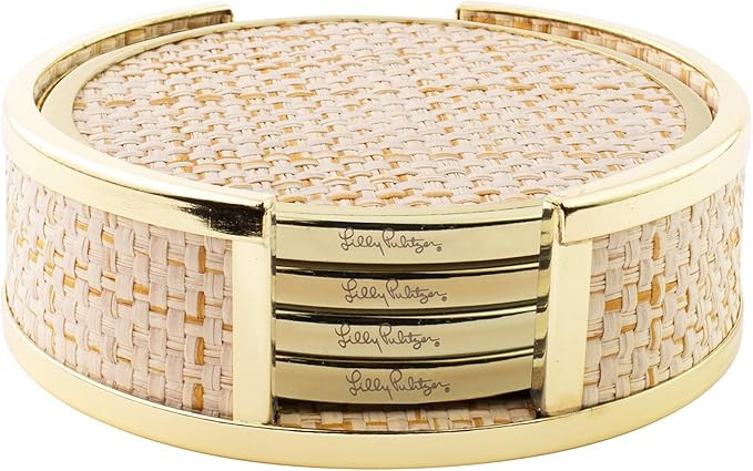 Lilly Pulitzer Gold and Raffia Coasters for Drinks with Holder, Cute Coaster Set of 4, Decorative... | Amazon (US)