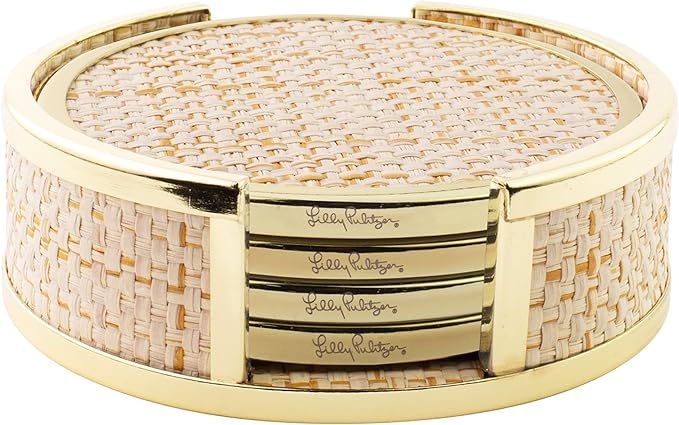 Lilly Pulitzer Gold and Raffia Coasters for Drinks with Holder, Cute Coaster Set of 4, Decorative... | Amazon (US)