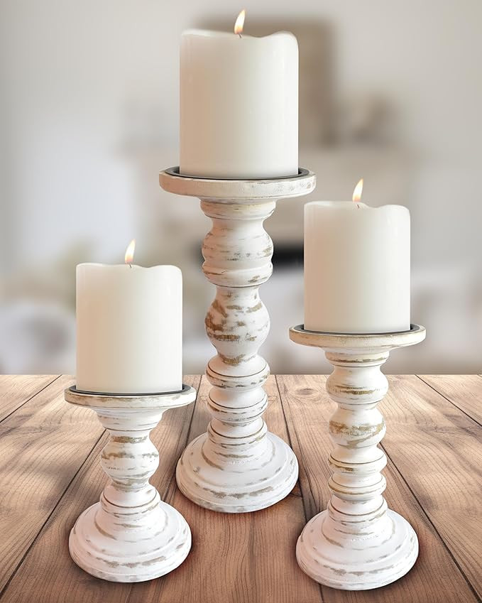 Large Candle Holders for Pillar Candles (3 Piece Set) Tall Rustic Wood Farmhouse Pillar Candlesti... | Amazon (US)
