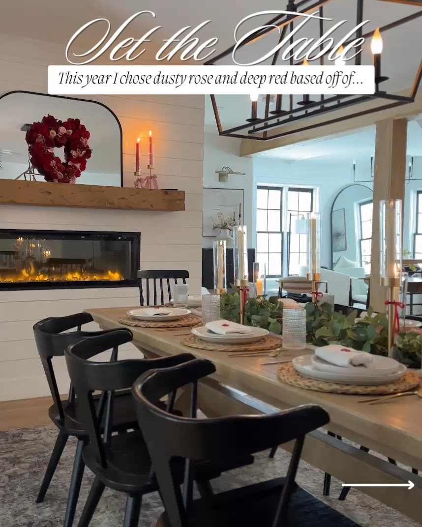 My table setting this year is a combination of dusty rose and Dee red. I added ribbon to the fluted glass  candle holders and ribbon to the chairs. A beautiful rose garland adds life and I doubled it up with a eucalyptus garland for more lushness. Cozy and modern rustic Valentine’s Day decor. 

🏷️ Tablescape // dining room table // pottery barn // chargers // napkins // glasses // mantel / arched mirror // chandelier // dining room decor // candle holderss

#LTKHome #LTKWatchNow #LTKParties