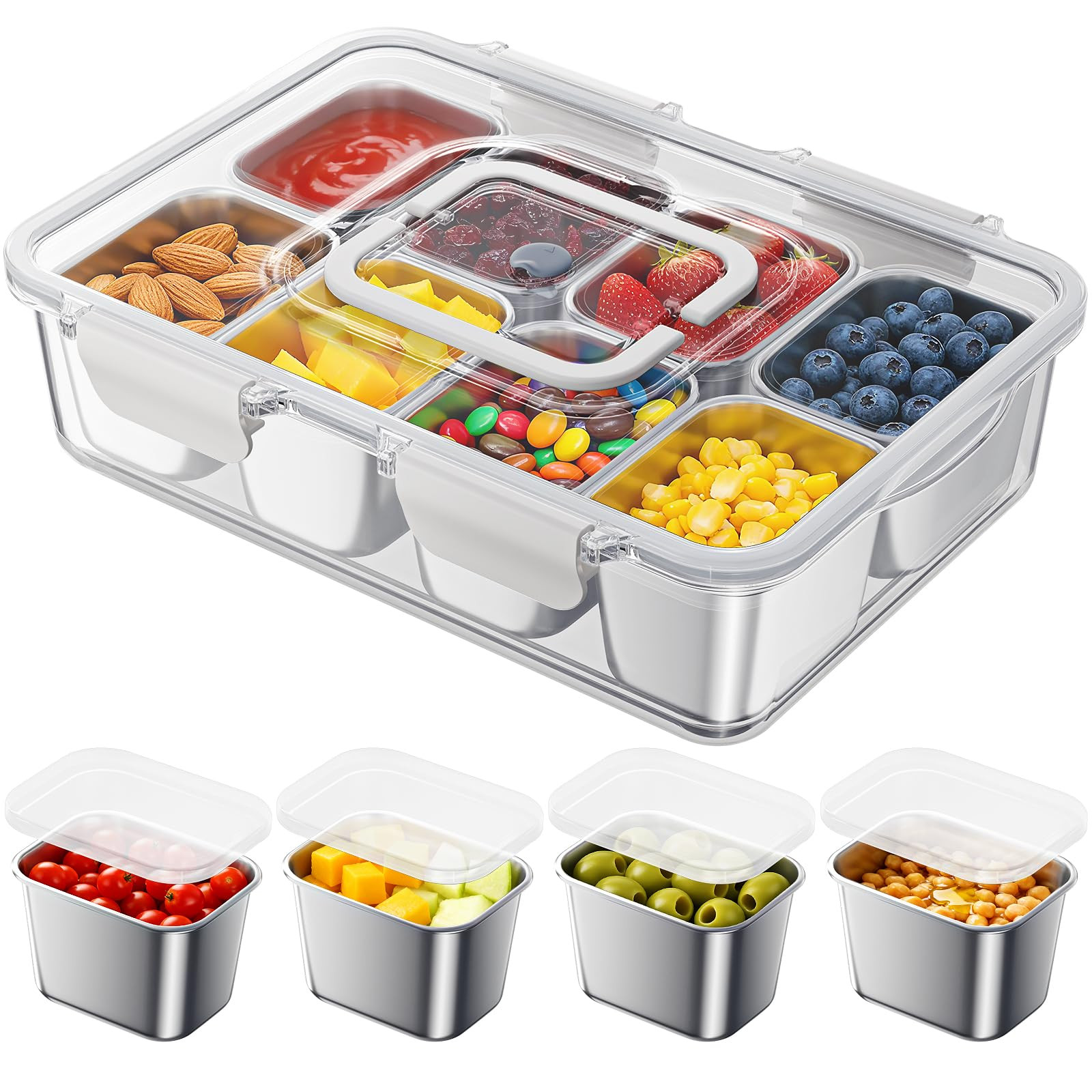 Snackle Box Container with 8 Removable Stainless Steel Compartments Divided Snack Tray with Porta... | Amazon (US)