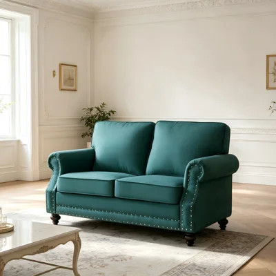 Traditional Velvet Loveseat Sofa with Nailhead Detail & Solid Wood Turned Legs | Wayfair North America