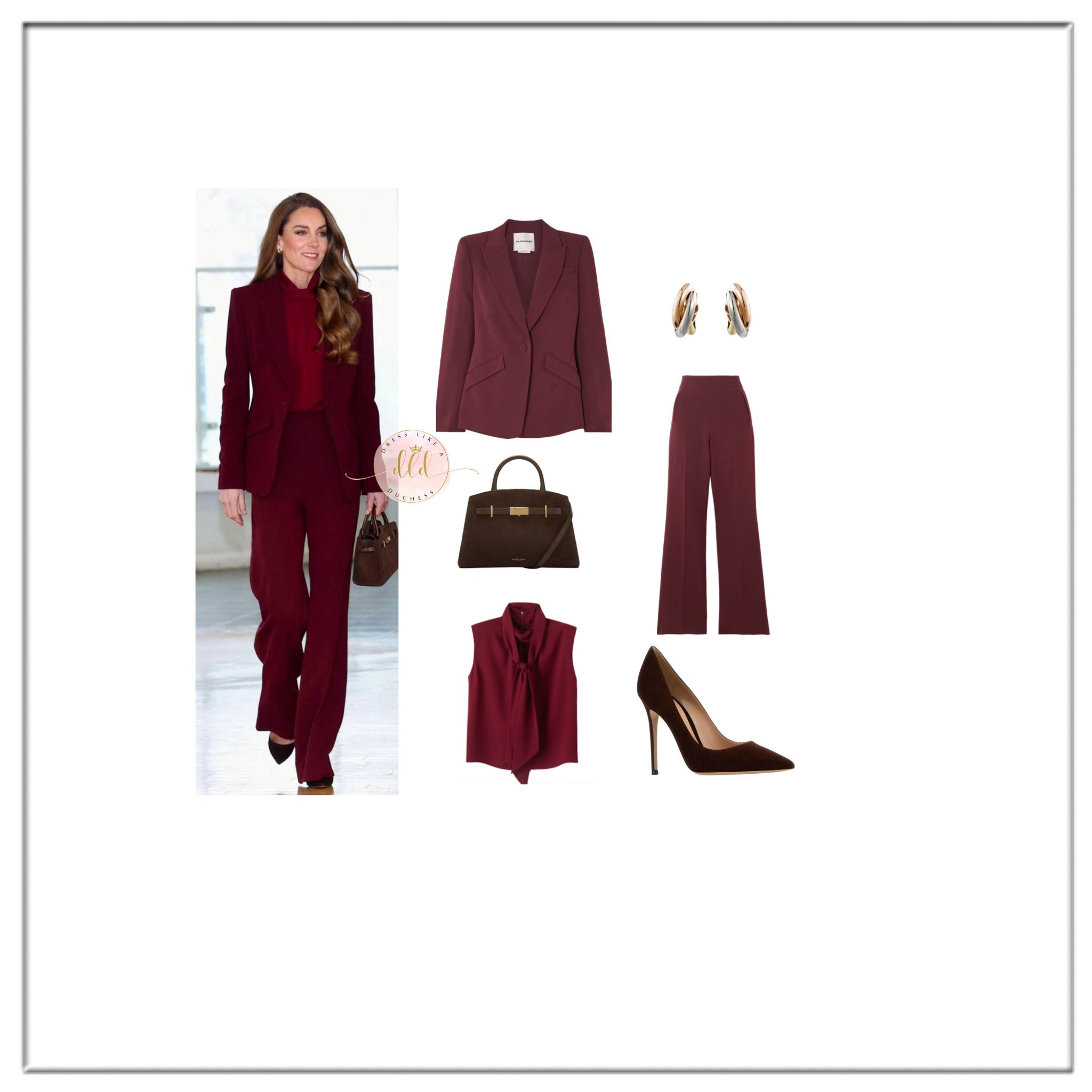 12/8/25 Kate Middleton at Charing Cross Hospital in London wearing Roland Mouret suit + ME&EM blouse + Cartier earrings + Gianvito Rossi brown pumps 