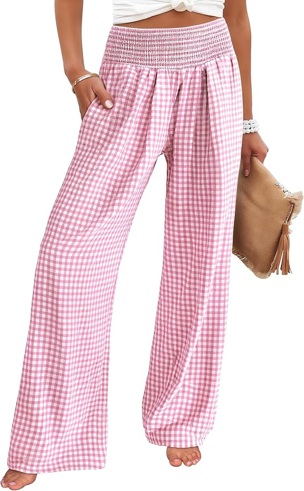 ANRABESS Womens Striped Gingham Palazzo Pants Wide Leg High Waisted Lounge Pajama Pants Cute Casu... | Amazon (US)
