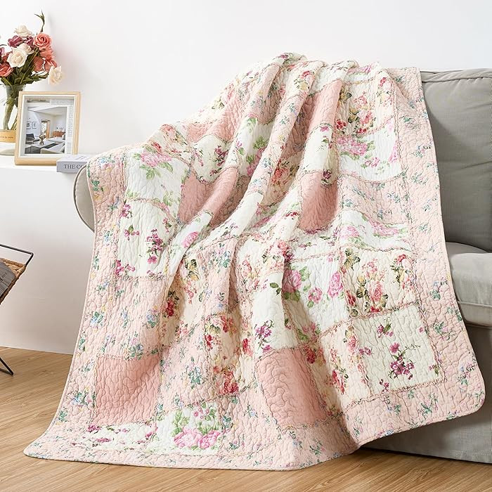 Chezmoi Collection Abbi 1-Piece Garden Floral Pink Shabby Chic Throw Pre-Washed Cotton Ruffle Tri... | Amazon (US)