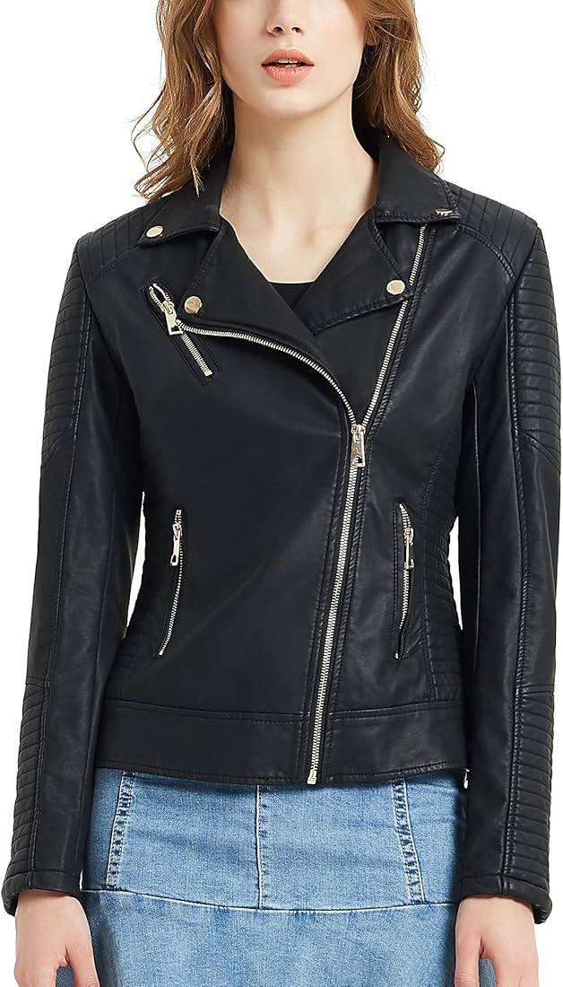 Women's Faux Leather Jacket Zip Up Slim Fit Moto Biker Leather Jacket for Women Fall Winter | Amazon (US)