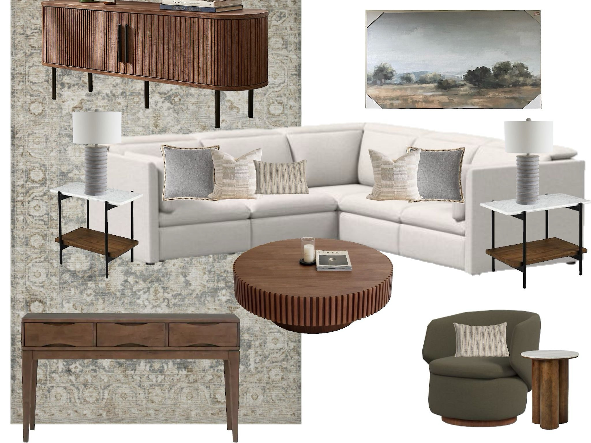 Beautiful dark modern casegoods with fluting and marble details including coffee table, media cabinet, console table, and end table.  Amber Lewis Loloi rug.  Gray modern lamps and neutral textural pillow. Motion sectional from West Elm and modern olive green chair.

#LTKHome