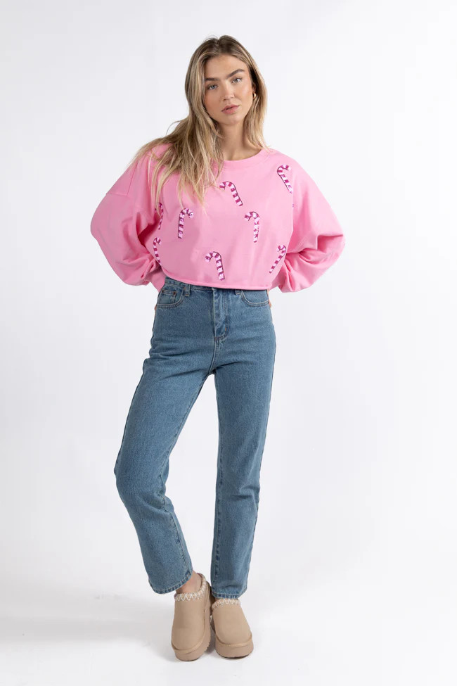 Candy Cane Dreams Pink Sequin Patch Pullover | Pink Lily