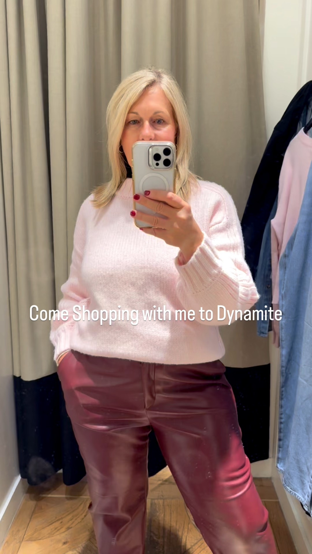 Come shopping with me to Dynamite 
 I found the most gorgeous pieces — a pink cable knit sweater with faux burgundy pants (the color combo is everything), the cutest soft pink cardigan, a cropped burgundy wool jacket that’s just stunning, and a brown mock-neck spandex top paired with washed denim that fit like a glove. Honestly loved every single outfit! Sizing:
Faux leather pants (size 14), 
pink sweater (large), 
cardigan (large), 
jacket (large), 
jeans (12), 
brown top (large).

#LTKover50style #LTKmidsize