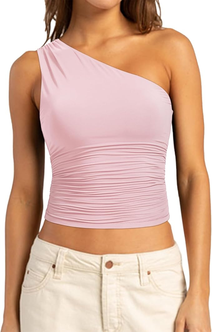 SUUKSESS Women Double Lined Going Out Trendy Crop Tops Ruched Sleeveless Shirts | Amazon (US)
