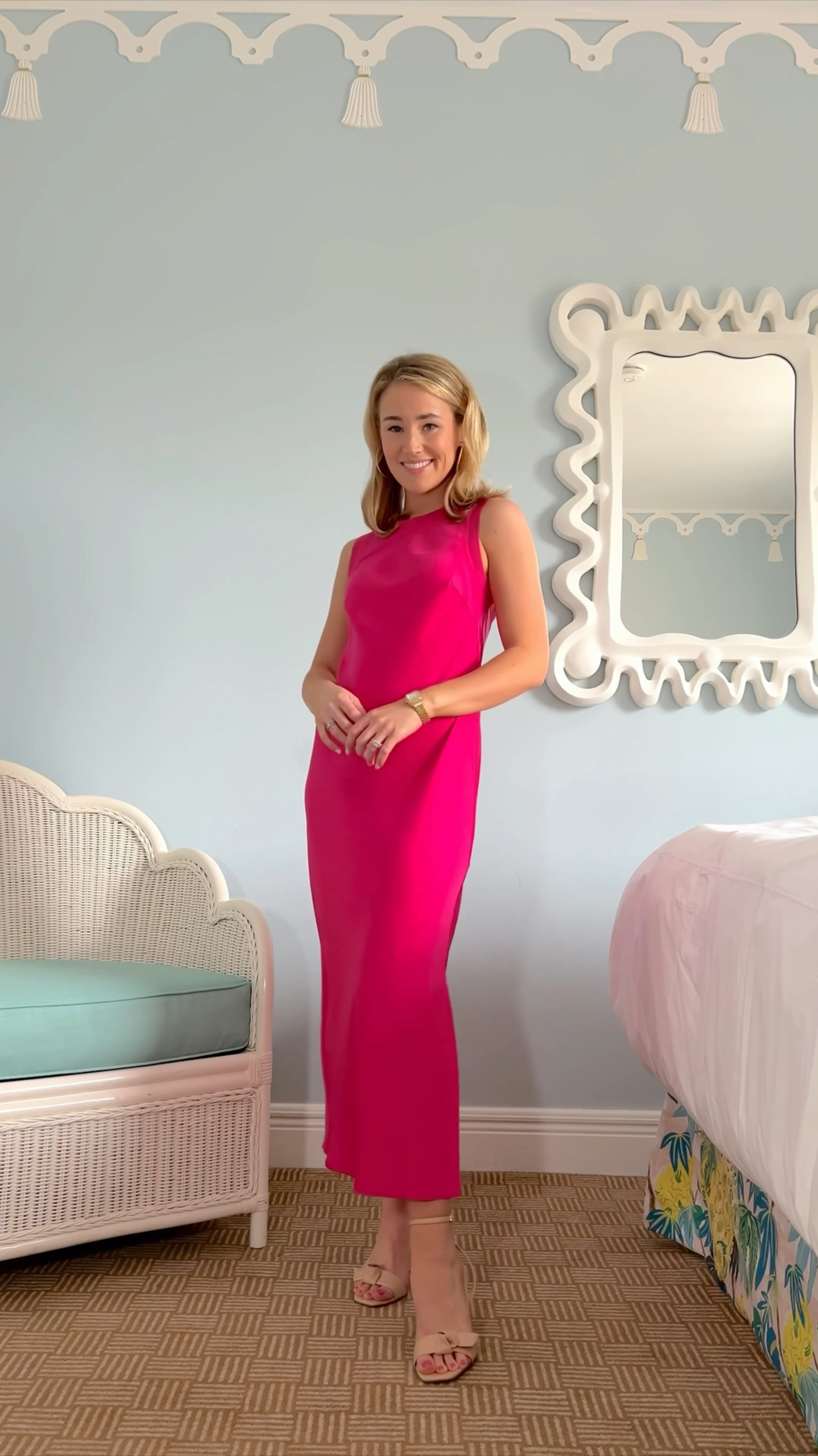 This hot pink slip dress is so chic, and under $40! Because of the cut material, I’d recommend shapewear underneath. (Not wearing any here, but will next time.) 

SIZING: I’m 5’2 and am wearing an XS, my usual size. I’d recommend ordering your normal dress size. 