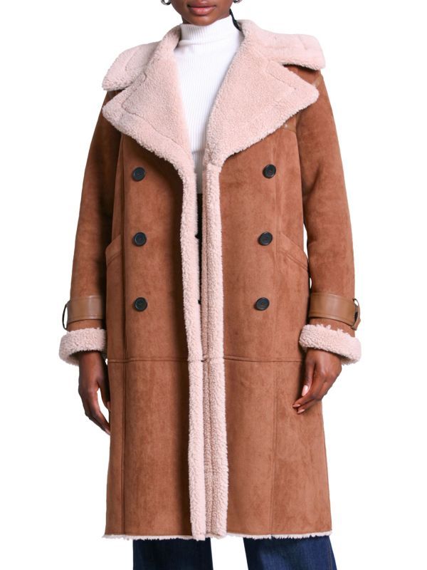 Avec Les Filles Faux Shearling Lined &amp; Trim Faux Suede Double-Breasted Coat on SALE | Saks OF... | Saks Fifth Avenue OFF 5TH