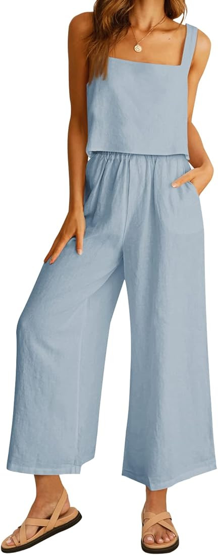 AUTOMET Women 2 Piece Outfits Lounge Matching Sets Linen Crop Top Wide Leg Pants Tracksuits with ... | Amazon (US)
