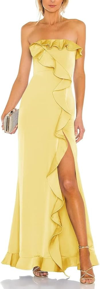 ALFEICE Strapless Satin Bridesmaid Wedding Guest Dresses Sleeveless Ruffles Prom Dresses with Sli... | Amazon (US)