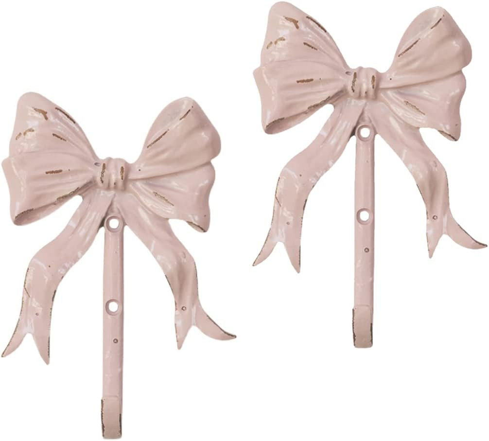 Pack of 2 Shabby Chic Large Decorative Wall Hooks 5.3" H,Iron Pink Bow Coat Hooks with Screws for... | Amazon (US)