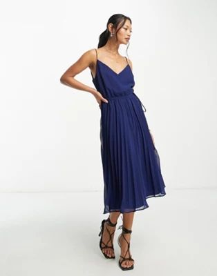 ASOS DESIGN pleated cami midi dress with drawstring waist in navy | ASOS (Global)