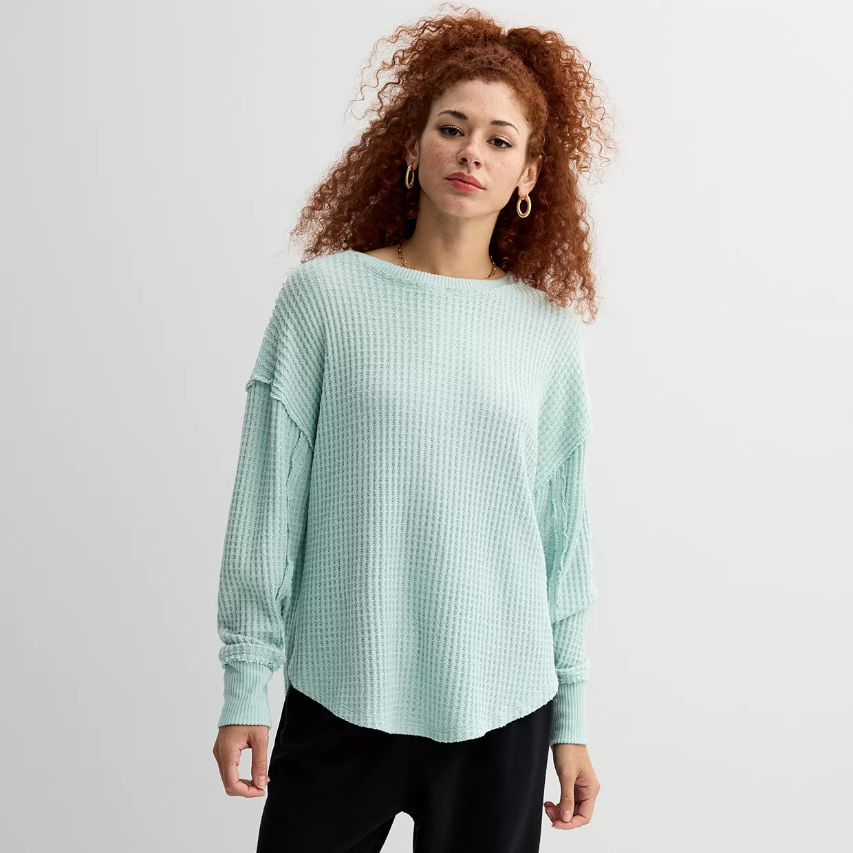 Juniors' SO® Oversized Cozy Swing Waffle Top | Kohl's