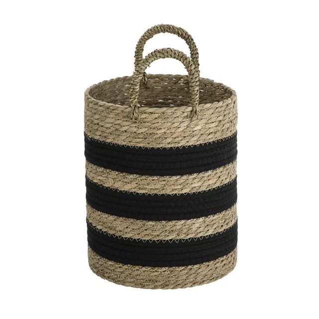 Mainstays Natural and Black Rush Decorative Storage Basket with Handles, 11.4", Round | Walmart (US)