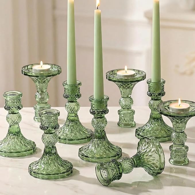 Glass Candle Holder Set of 12, Green Taper Candle Holders Bulk, Vintage Candlestick Holders, Cand... | Amazon (US)