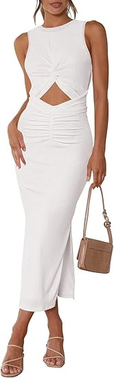 Meenew Women's Sleeveless Summer Long Bodycon Dress Twist Cutout Midi Sheath Dress Ruched Tie Bac... | Amazon (US)