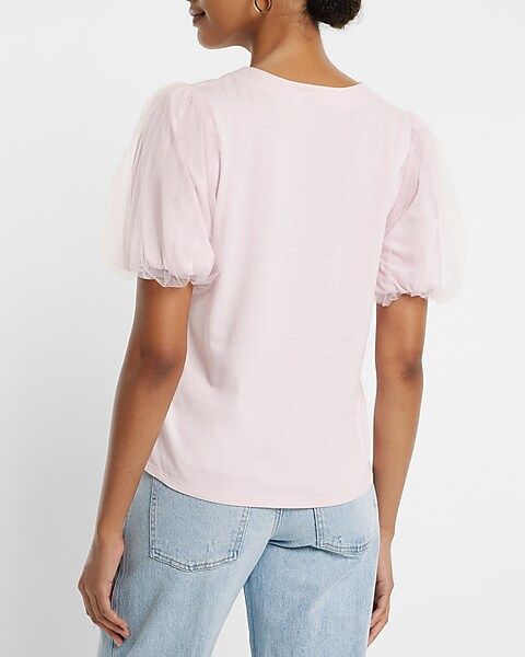 Skimming Tulle Puff Sleeve Crew Neck Tee | Express