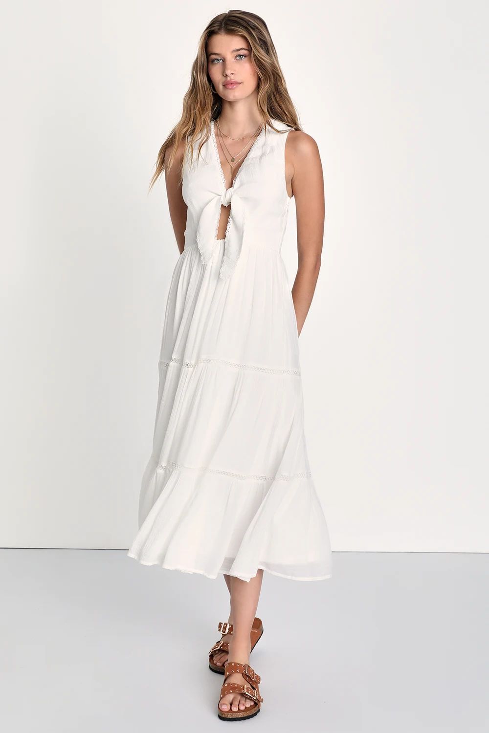 Lively Radiance White Tie-Front Tiered Midi Dress | Lulus (US)