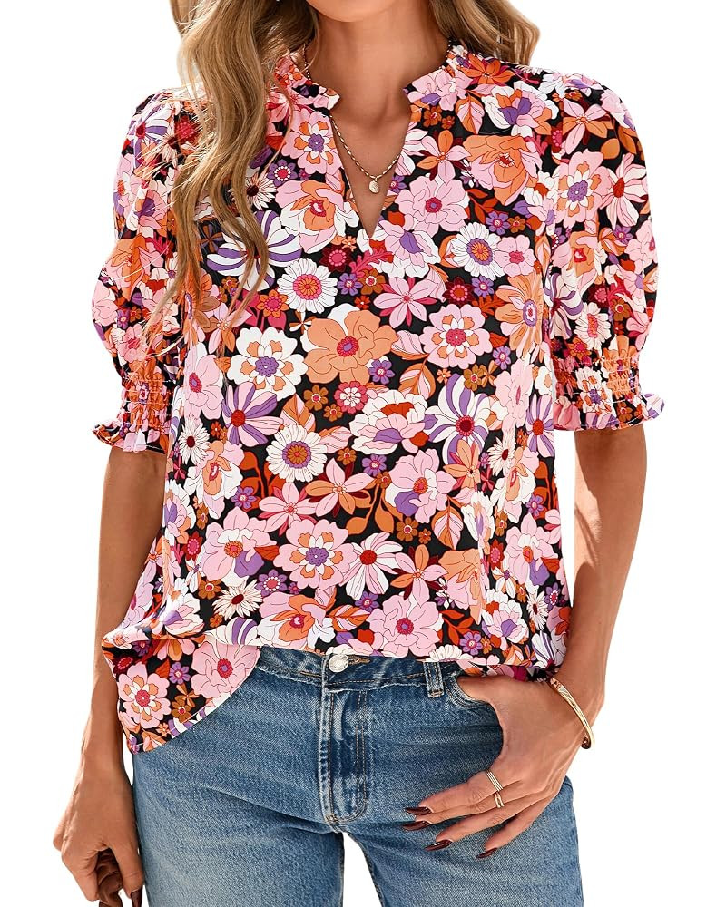 BTFBM Summer Blouses for Women Dressy Casual 2025 Spring Floral Boho Shirts V Neck Puff Short Sle... | Amazon (US)