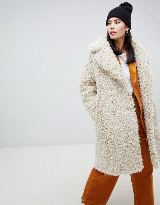 Monki double breasted teddy coat in off white | ASOS UK