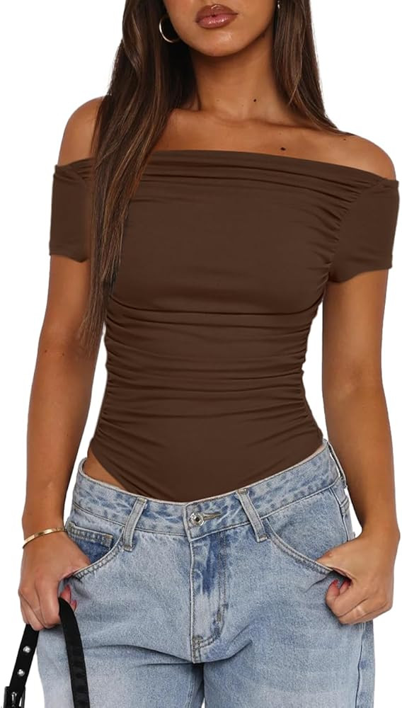Darong Women's Summer Casual Off The Shoulder Boat Neck Short Sleeve Ruched Bodysuit Tops Shirt | Amazon (US)