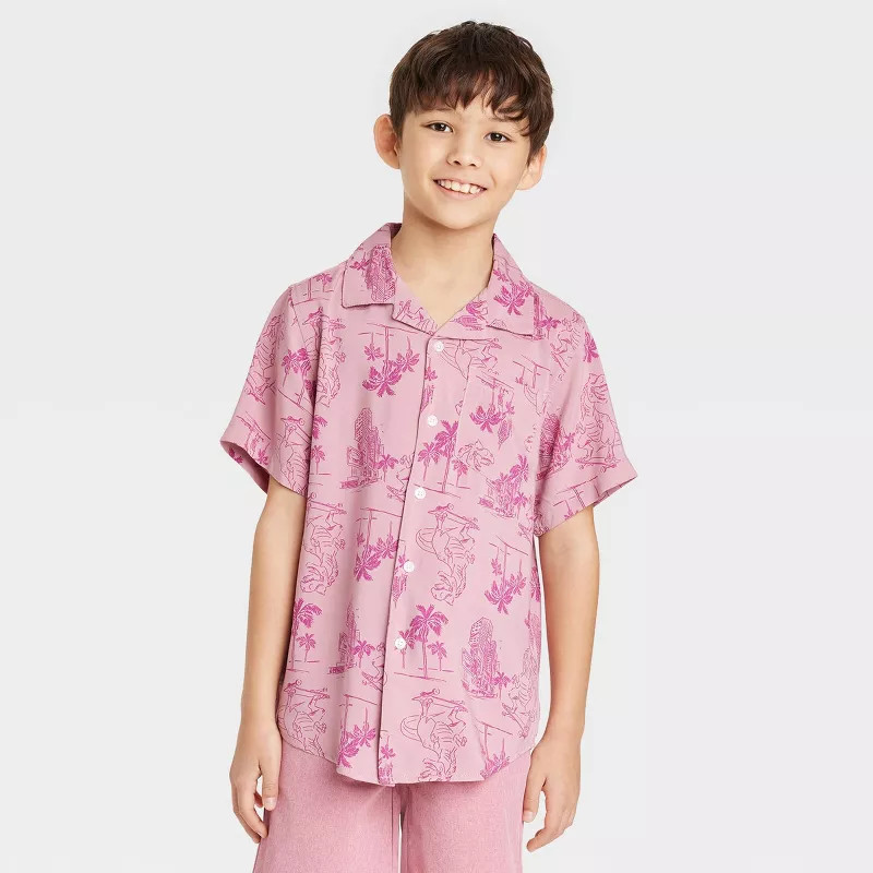 Boys' Dino Tropical Button-Down Short Sleeve Resort Shirt - Cat & Jack™ Pink | Target