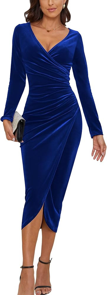 CYiNu Women's V Neck Wrap Velvet Long Sleeve Elegant Bodycon Ruched Cocktail Party Maxi Dress | Amazon (US)