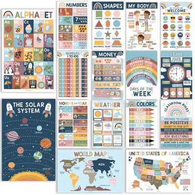 Hadley Designs Boho Preschool Educational Laminated Posters For Toddlers, Set of 16 | Target
